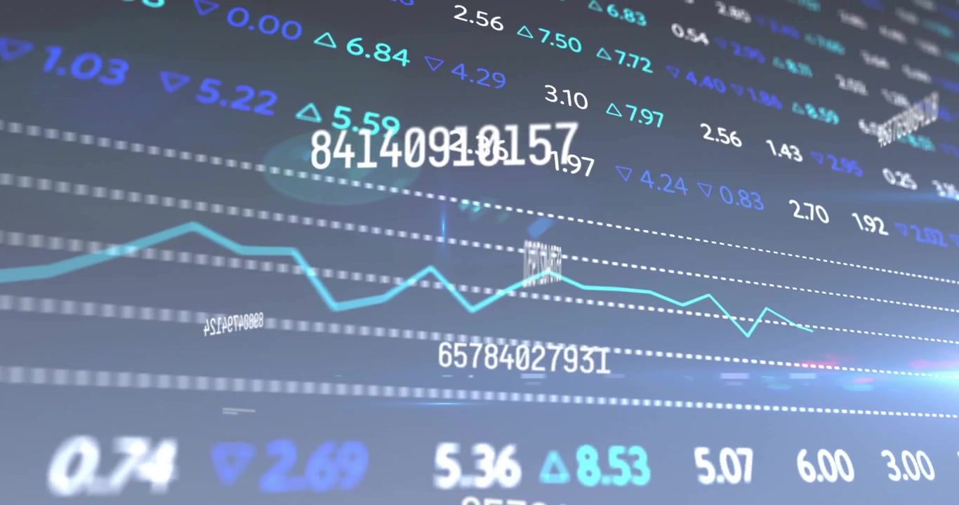 Al caricamento, ID numerici fluttuanti che si spostano con frecce, grafico a linee color verde acqua che scorre mostrando le tendenze di mercato.