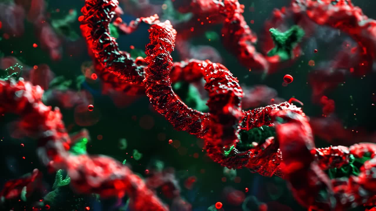 A close up of a red and green DNA strand. The strand is twisted and has a lot of red and green dots. Concept of complexity and intricacy, as well as the importance of DNA in our lives