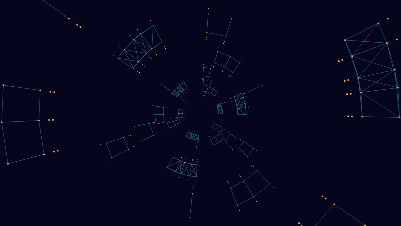 Abstract digital network tunnel with glowing nodes and wireframe geometry motion