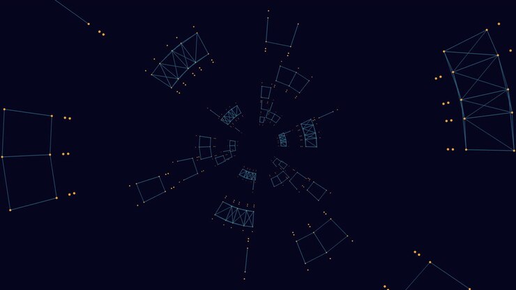 Abstract digital network tunnel with glowing nodes and wireframe geometry motion