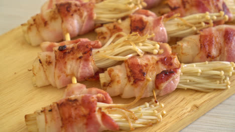 bacon wrapped golden needle mushroom skewers