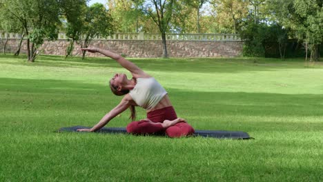 flexible sportswoman doing yoga in park