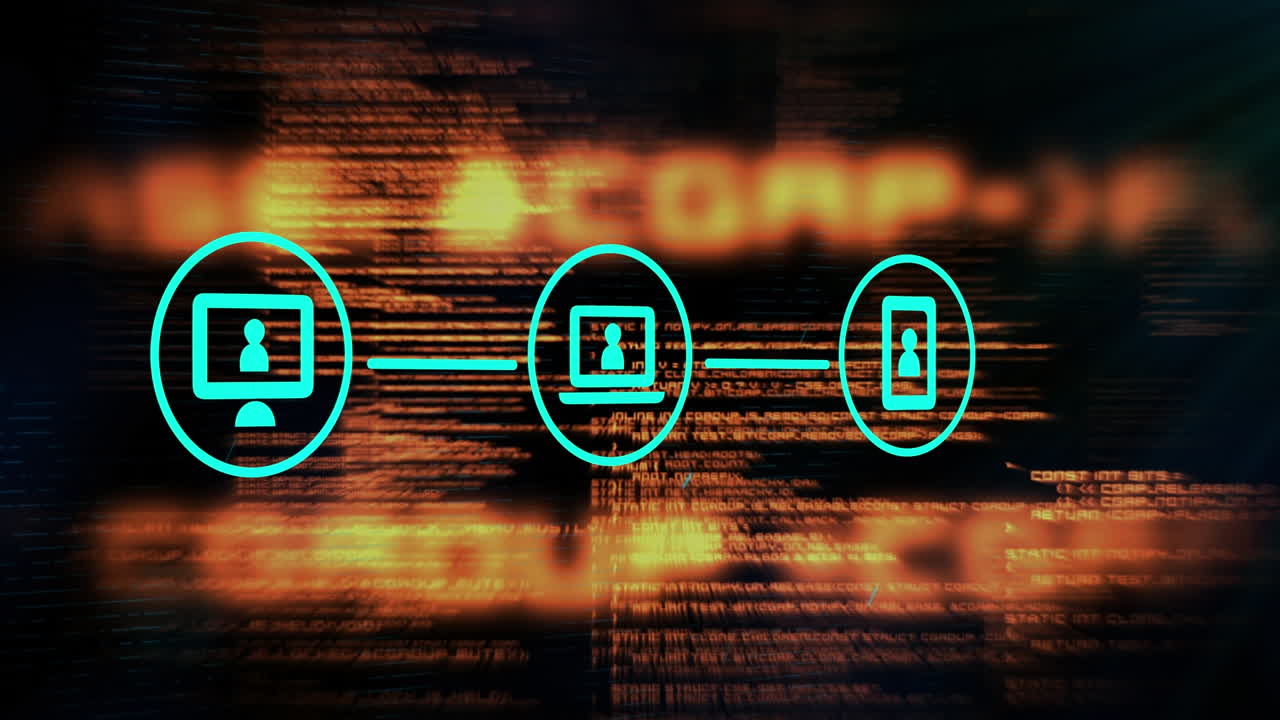 Animation of tech icons over data processing on black background