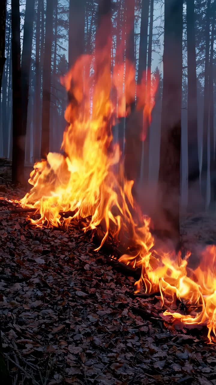 Wildfire Burning Through Dry Leaves in a Forest