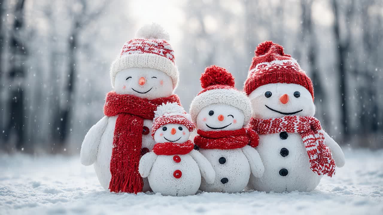 A Heartwarming Gathering of Snowmen in Winter Wonderland, Cheerfully Dressed in Red Accessories, Capturing the Joy of the Snowy Season with a Family of Frosty Friends
