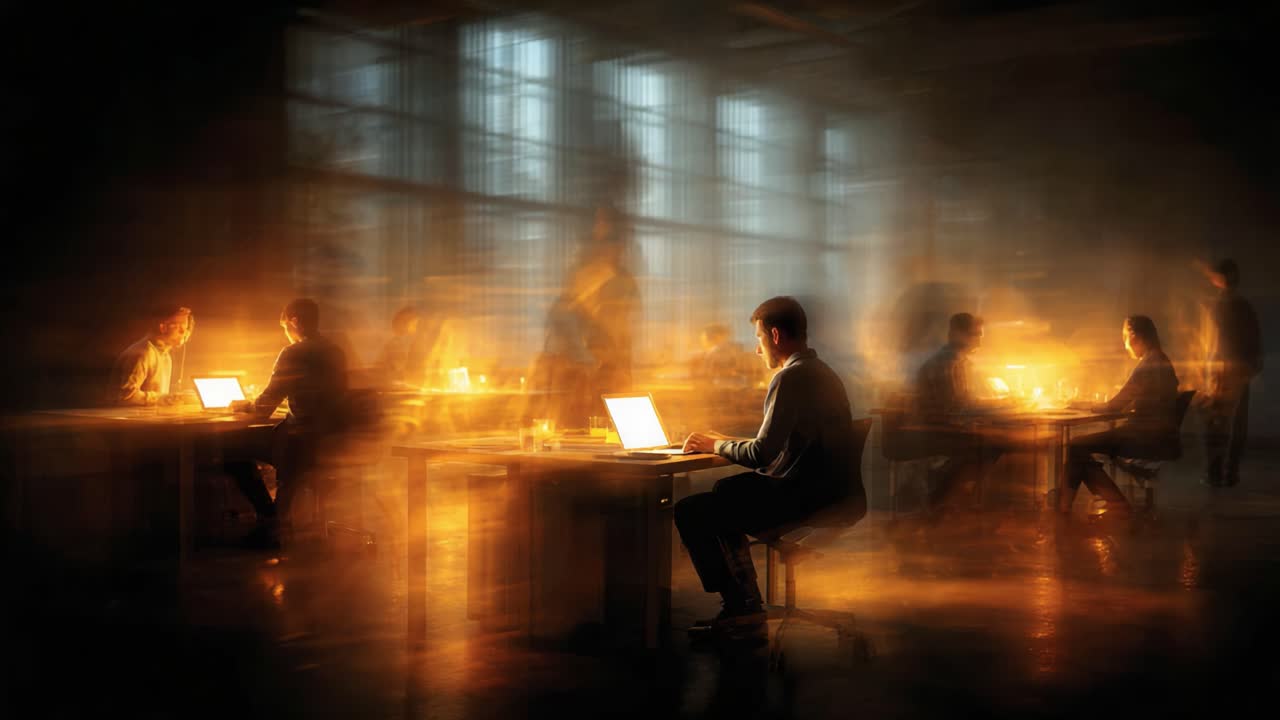 A Dynamic Workspace Scene Featuring Individuals Engaged in Collaborative Activities with Laptops in a Softly Lit Environment Emphasizing Creativity and Innovation