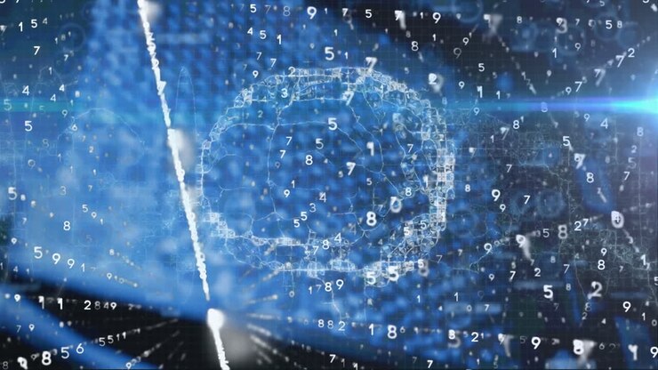 Animation eines menschlichen Gehirns, eines leuchtenden Netzes und Datenverarbeitung