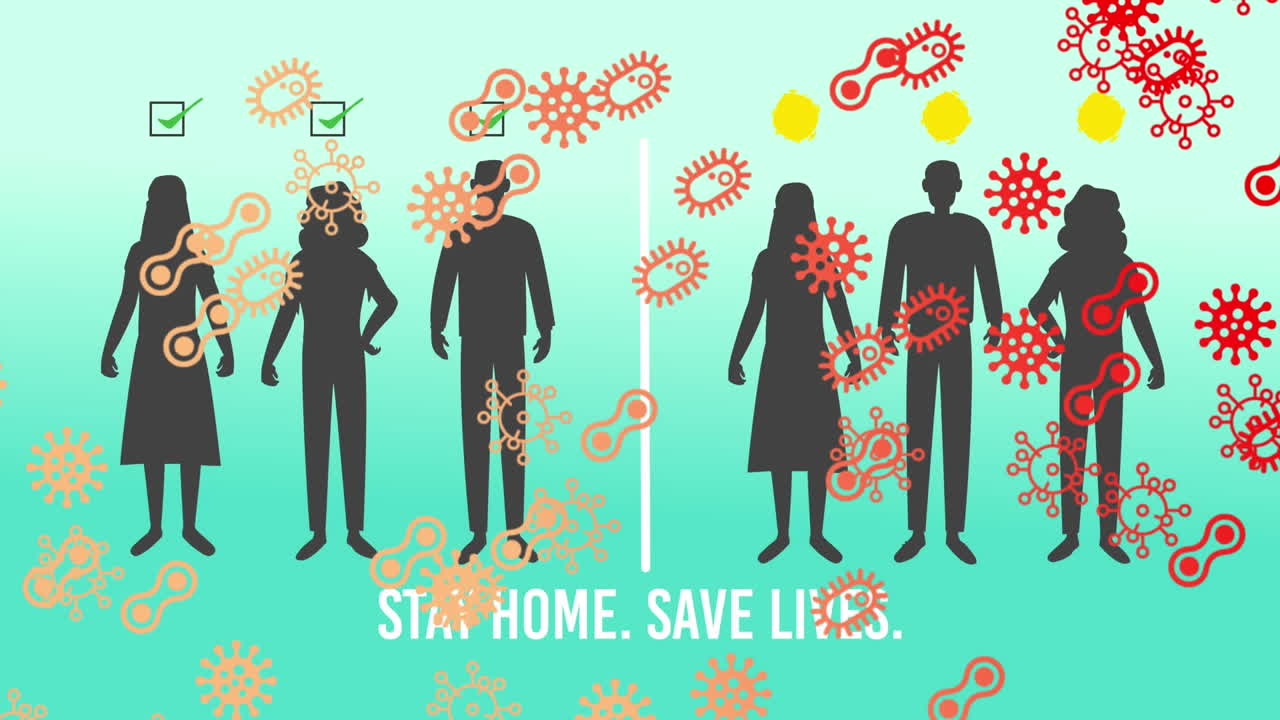 녹색 차원 배경에서 사회적 거리를 유지하는 사람들 위의 여러 코로나19 세포 아이콘