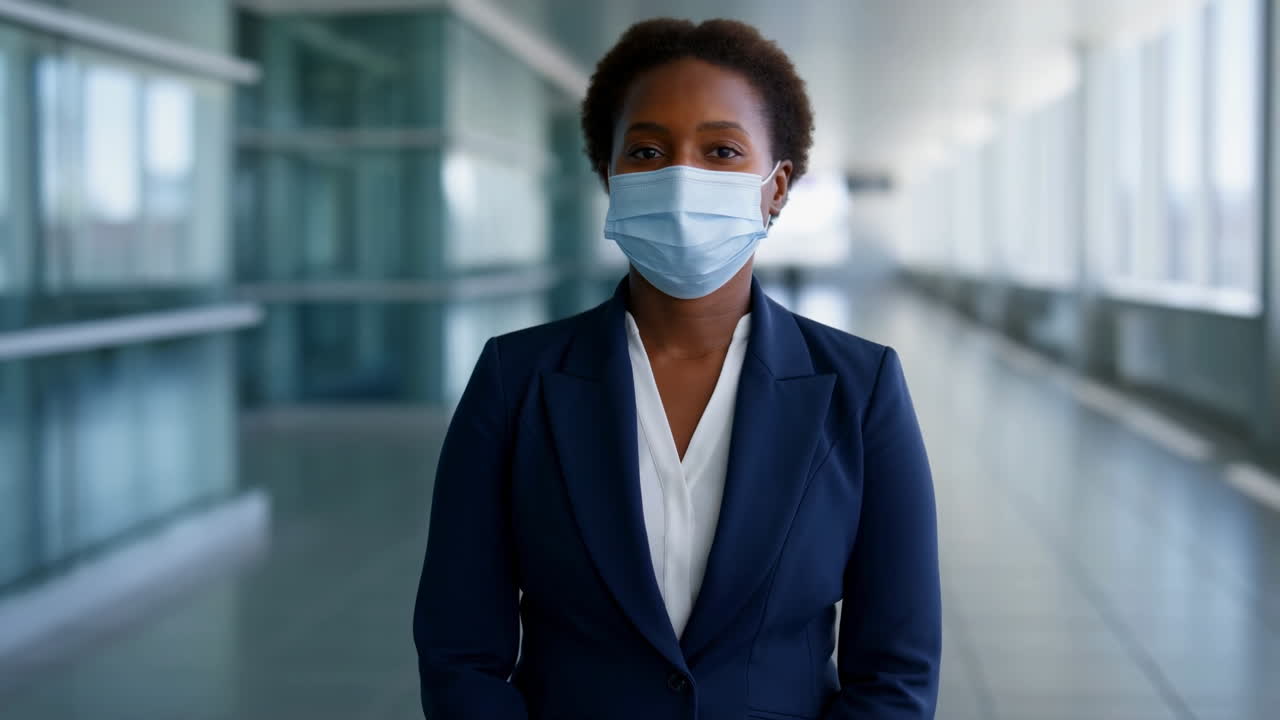 Professional Black Woman Wearing Face Mask in Modern Office Hallway
