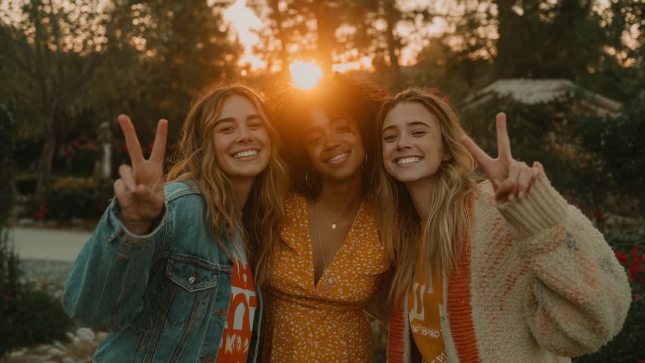 Amigos Felizes Celebrando Juntos ao Pôr do Sol: Uma Reunião Acolhedora na Natureza Cheia de Risadas, Sinais de Paz e Sorrisos Calorosos