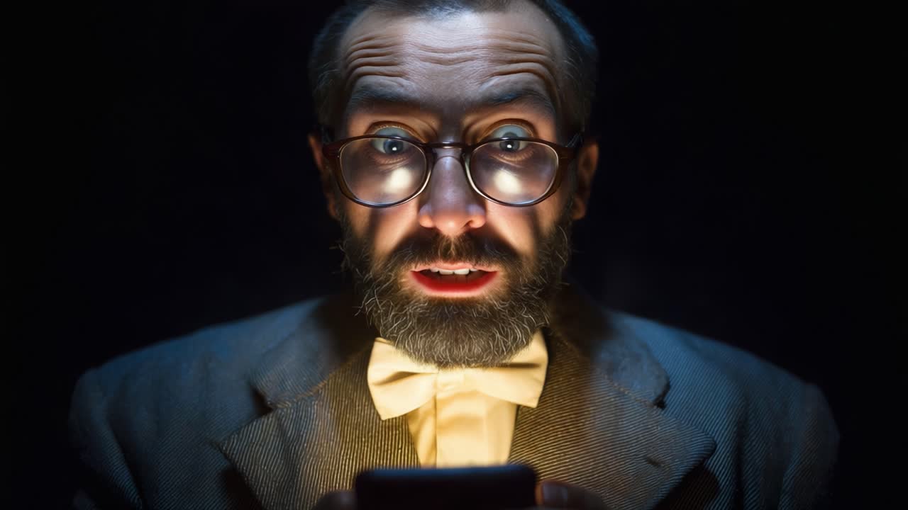 Astonishment and Delight: A Man Reacts to Surprising Content on His Phone with Wide-Eyed Wonder and a Beaming Smile in Dim Lighting