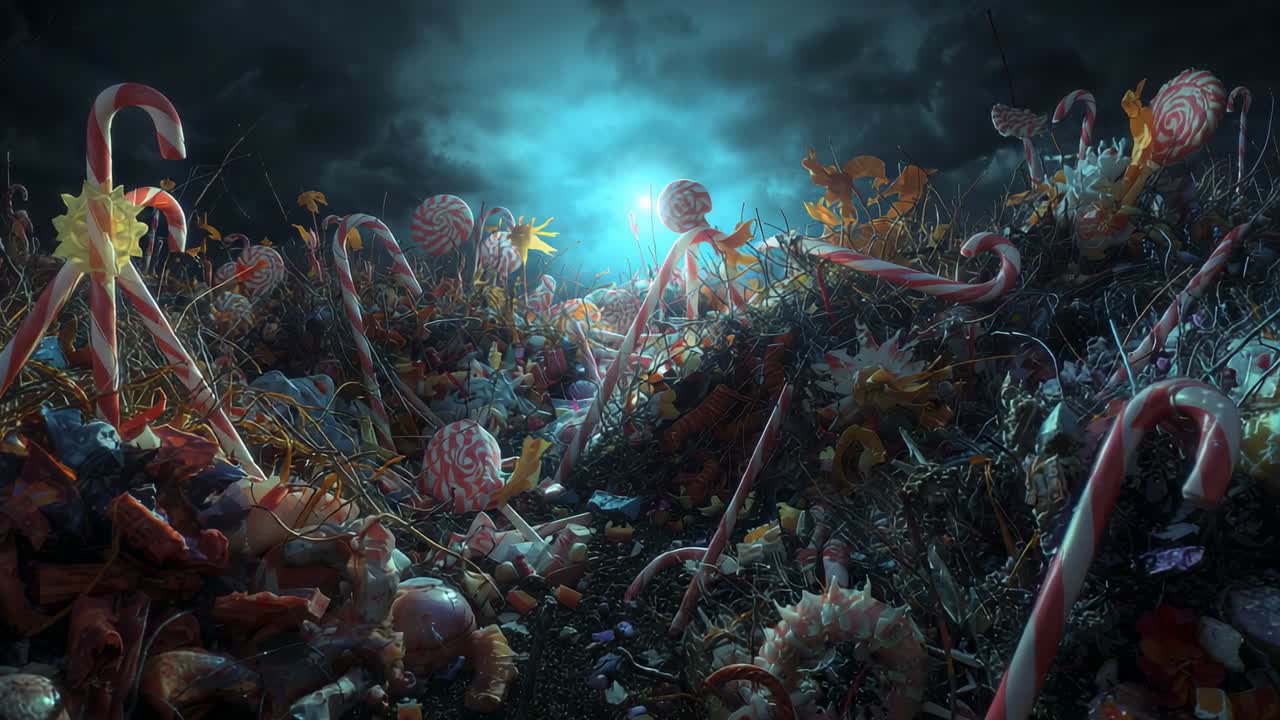 Dollying camera revealing candy field under eerie sky, uncovering candy canes and peppermint swirls