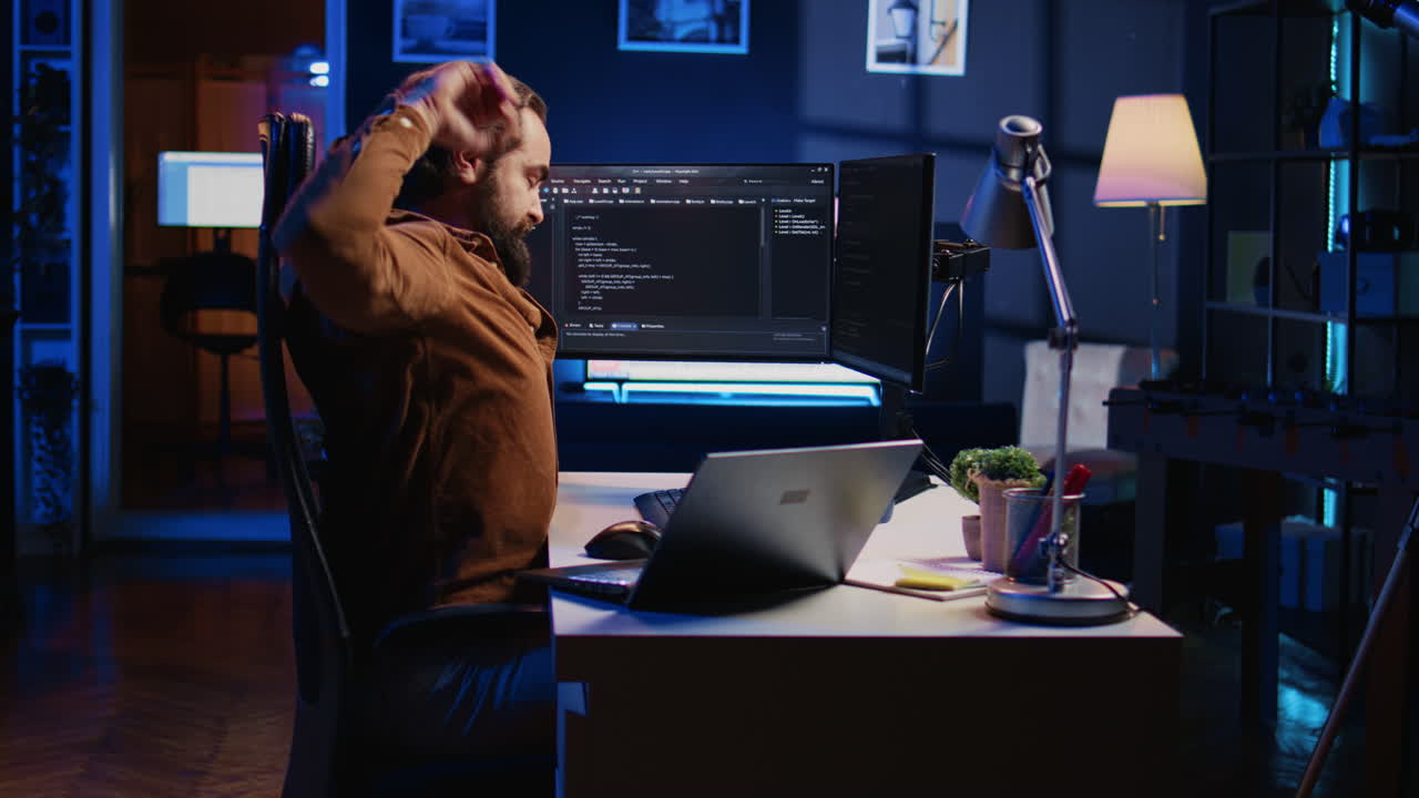 피곤한 개발자가 집에서 밤새 일하면서 휴식을 취하면서 눈을 고 있습니다.