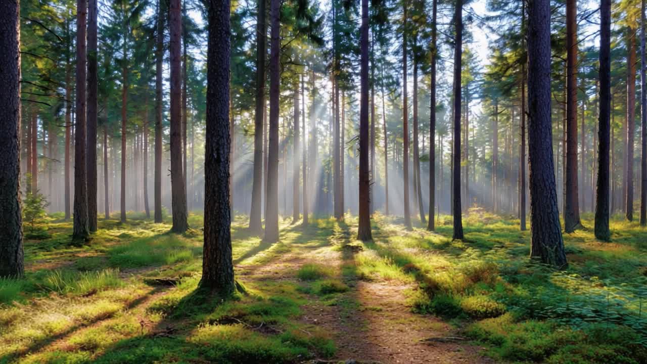 A Serene Forest Landscape Bathed in Morning Light, Showcasing Tall Trees and Soft Sunbeams Filtering Through the Mist, Creating a Tranquil Natural Atmosphere