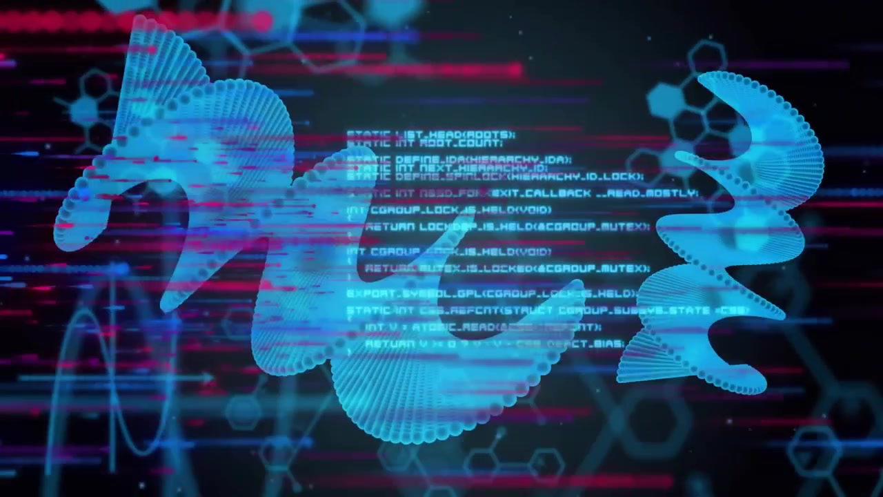 Opening on dark grid with pulsing waveform and hexagon outlines blue ribbons glitching, code fading