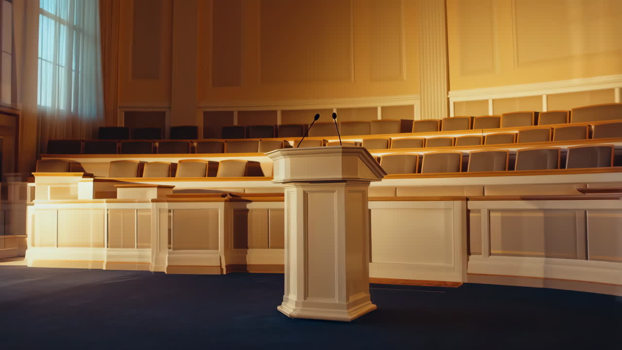 An empty auditorium with a podium and microphones