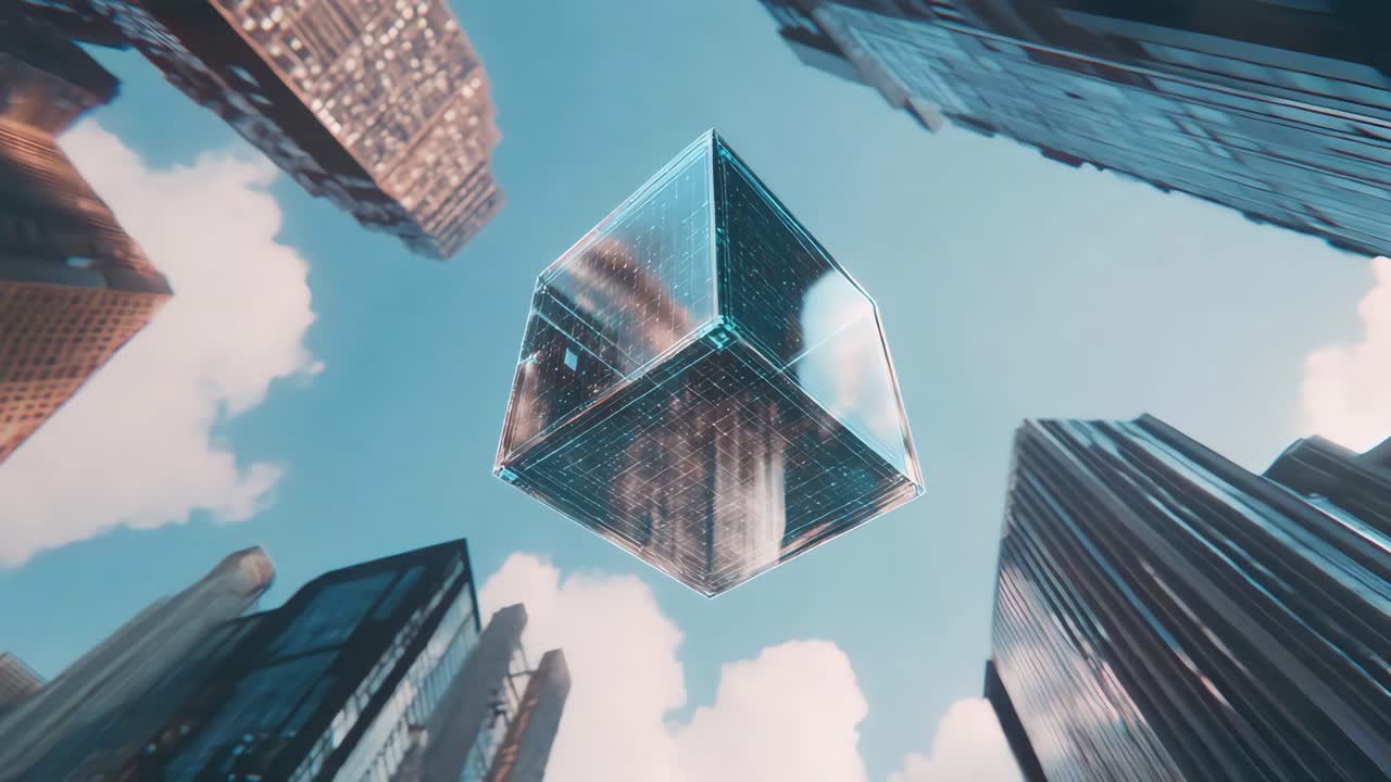Floating Cube Above Skyscrapers