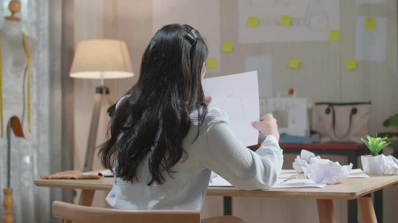 아시아 여성 디자이너의 뒷면은 레이아웃을 그리는 데 실패하여 화가 나고 버립니다.