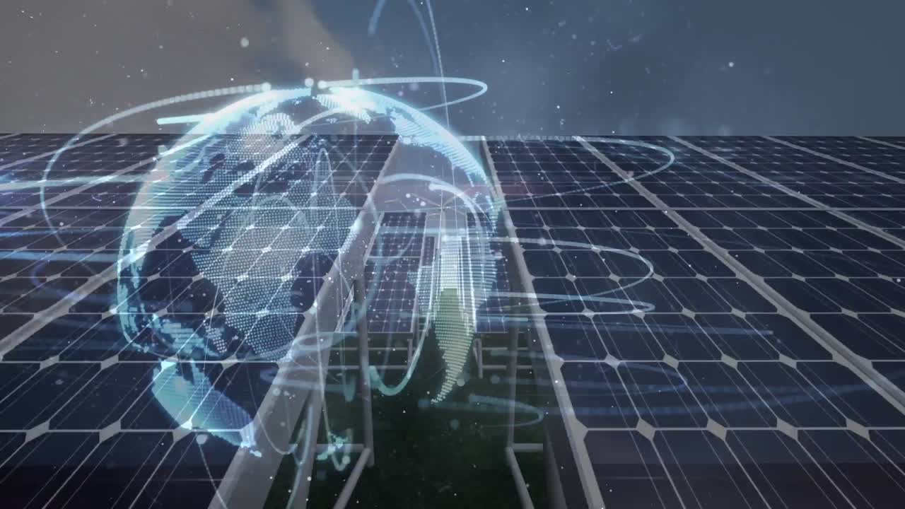 анимация земного шара, движущегося над солнечными панелями и ветряными турбинами