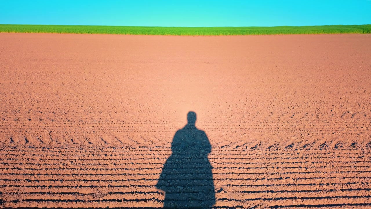 Minimalistisch landschap in Regensdorf: geploegd veld met schaduw van een persoon op de voorgrond, groene horizonstrook en helderblauwe lucht. Opwaartse beweging.