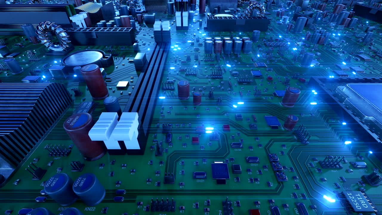 Flying Over the Circuit Board With CPUs and Blue Signals. Looped 3d Animation of Motherboard with Processors and Flares. Technology and Digital Concept.