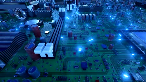 flying over the circuit board with cpus and blue signals. looped 3d animation of motherboard with processors and flares. technology and digital concept.