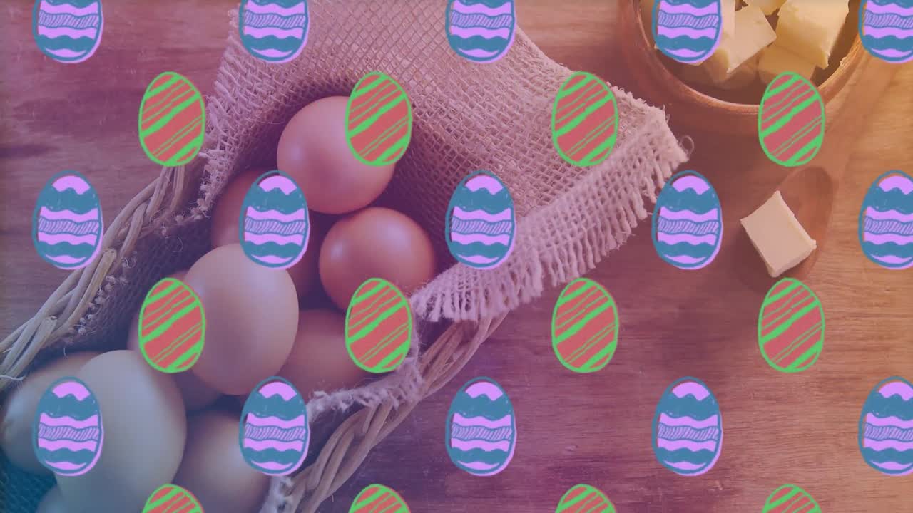 iconos decorativos de huevos de pascua en un patrón sin costuras contra huevos en una canasta y queso en un cuenco