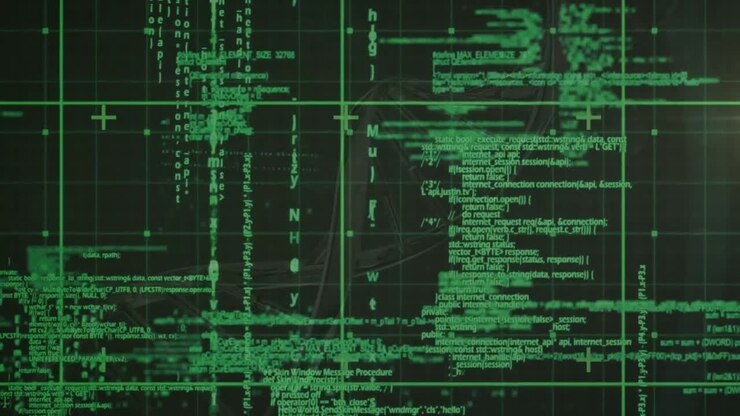 Animatie van een draaiende DNA-streng over gegevensverwerking en een raster