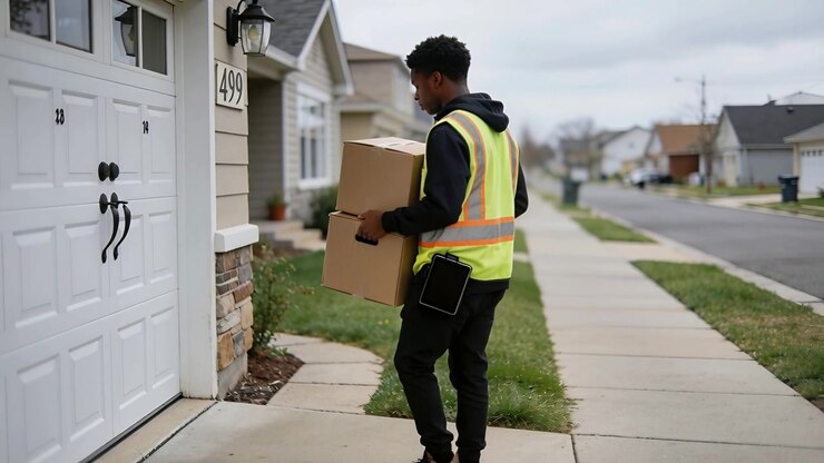 Walking courier reacting to alert, wearing safety vest carrying two boxes to home 499
