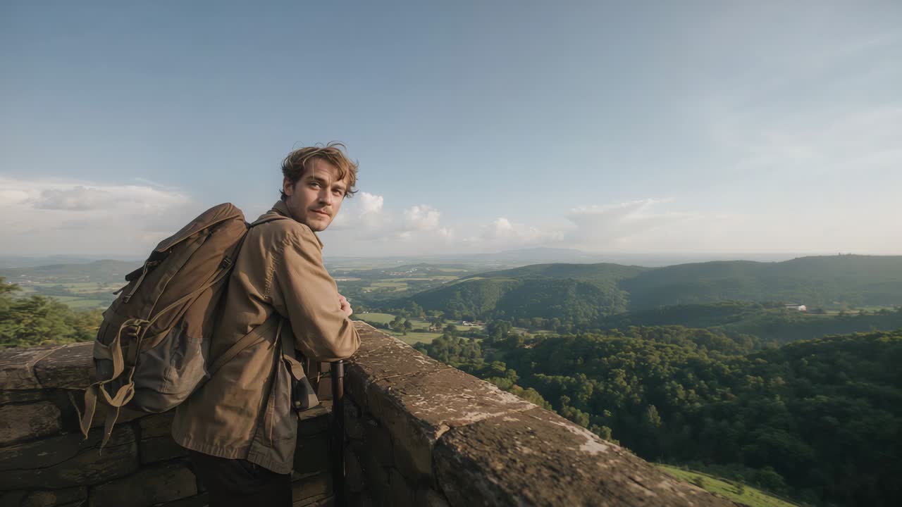 Camera filming, hiker in brown jacket turning, scanning valley on stone wall with pack, copy space