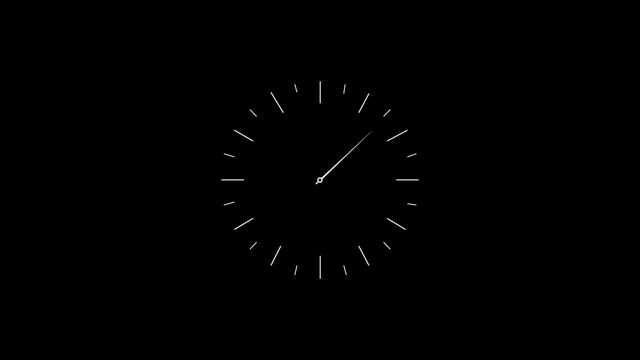 Segni e lancette minimali bianchi dell'orologio appaiono su uno sfondo nero puro, creando un elegante timer analogico