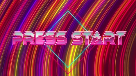 Animation-of-press-start-text-over-abstract-neon-patterned-background