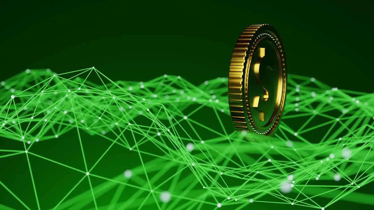 Moneta d'oro con un simbolo del dollaro su uno sfondo a griglia poligonale astratta verde. Concetto di valuta digitale, tecnologia finanziaria e blockchain
