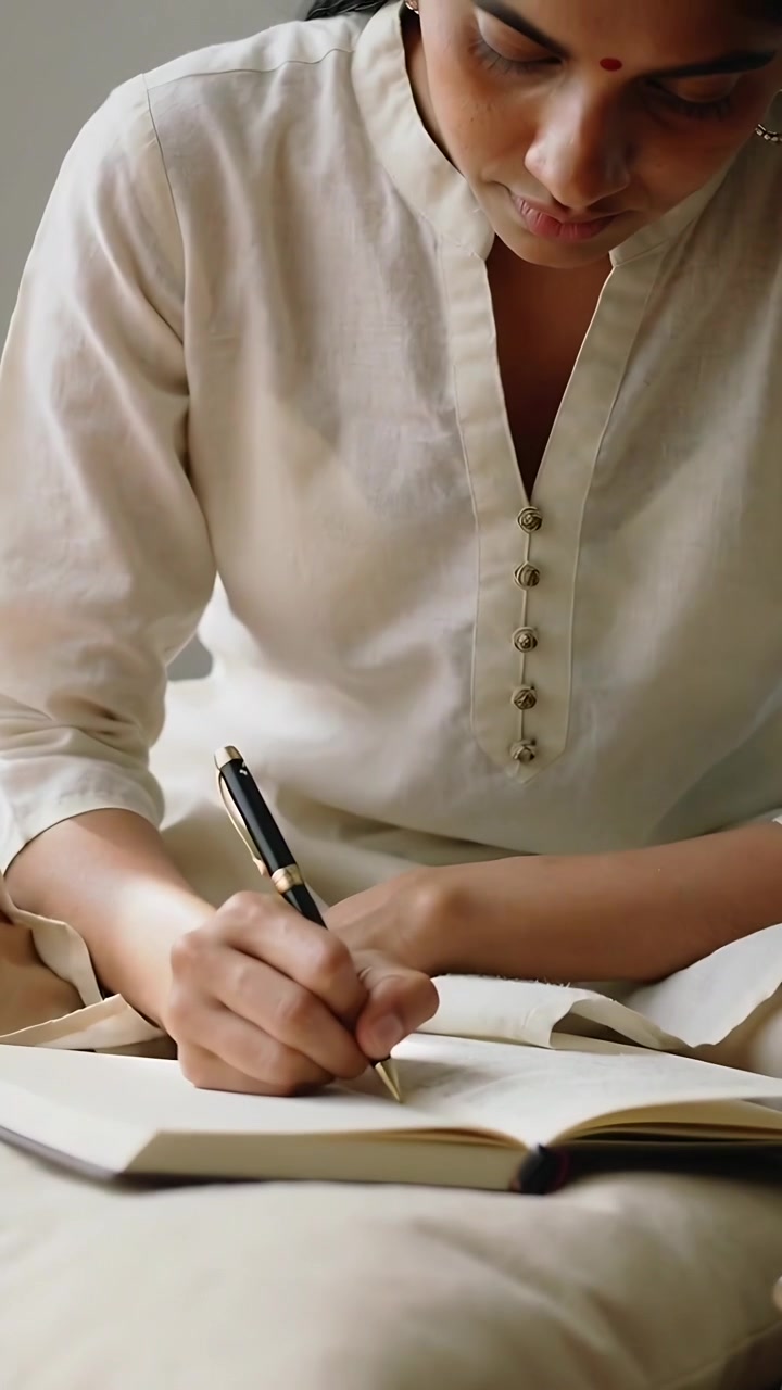 Vertical video: Putting pen to paper, Indian woman in beige kurta writing notes in journal at home