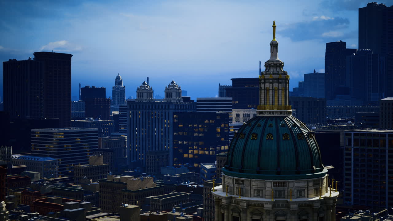 Cityscape with prominent dome and skyscrapers
