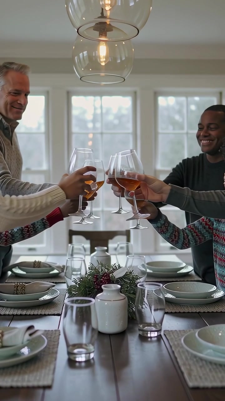 Vertical video: Reaching family raising wine glasses at dining table in sweaters
