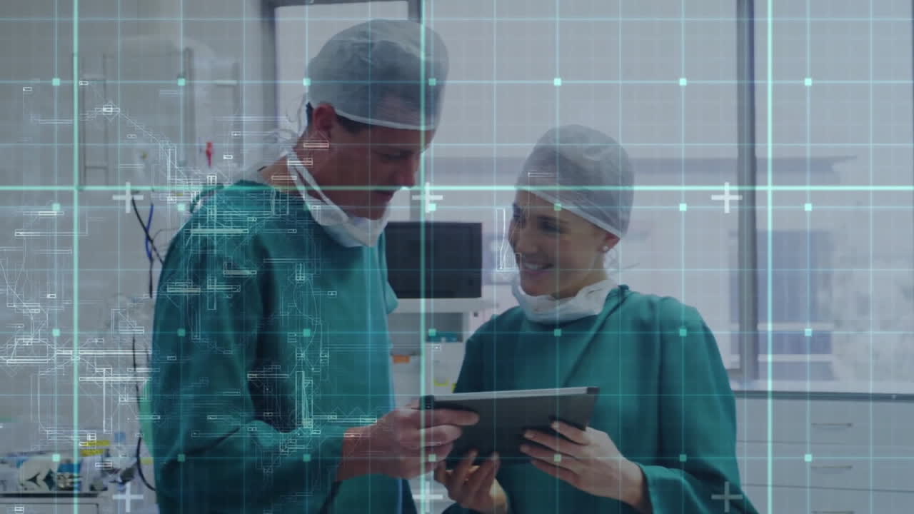 animación del procesamiento de datos sobre cirujano caucásico masculino y femenino usando tableta en el teatro