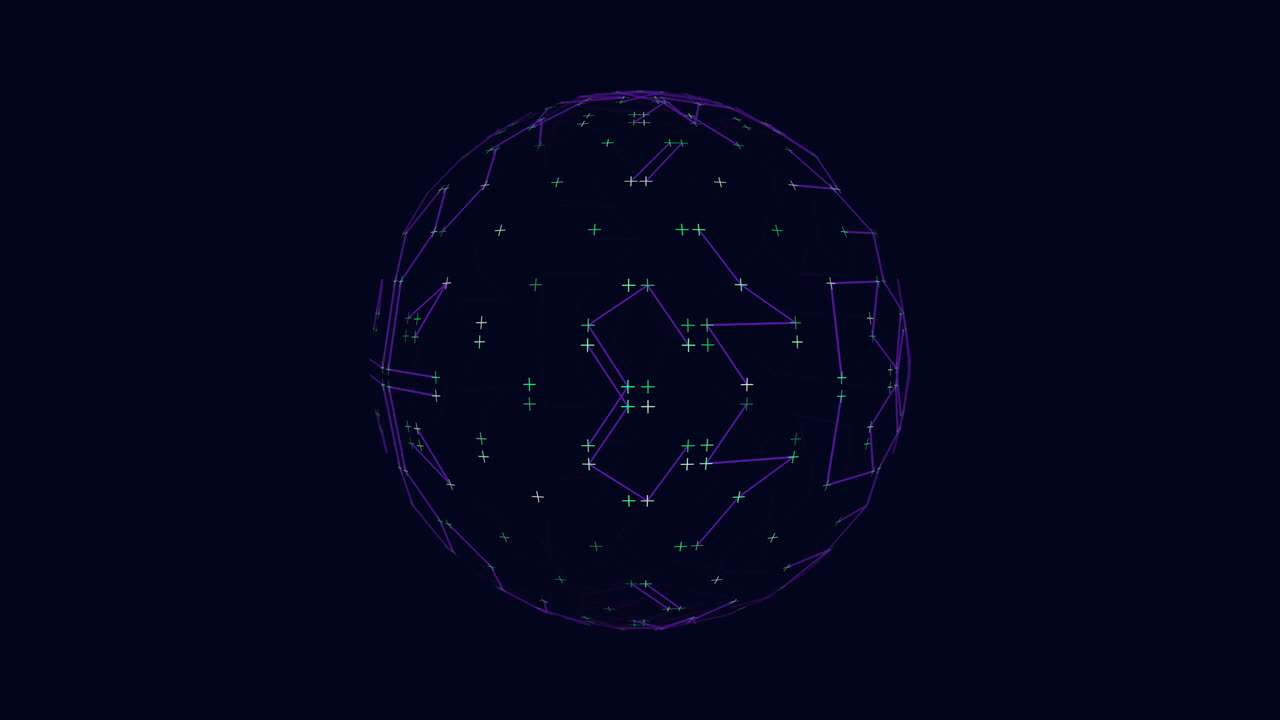 Neon futuristic sphere with connected crosses and lines on dark space