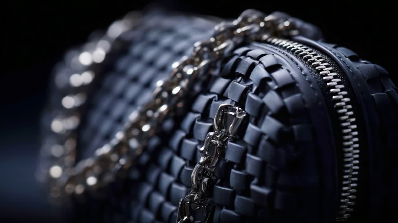 Elegant Black Woven Handbag with Chain Strap and Metal Zipper, Perfect for Fashion Enthusiasts Who Appreciate Distinctive Accessories and Unique Designs in Their Wardrobe