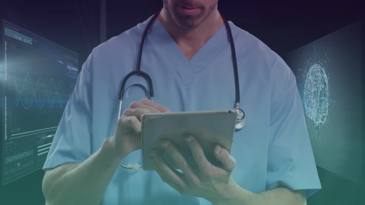 animación de un médico caucásico con una tableta sobre procesamiento de datos