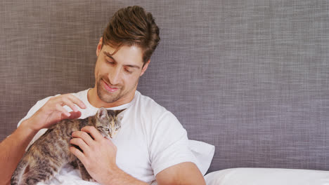 young man sitting on bed stroking his tabby cat 4k 4k