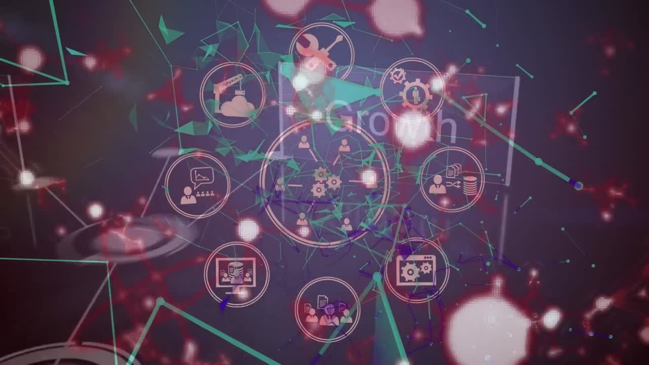 animación de moléculas, texto comercial y red de conexiones con iconos