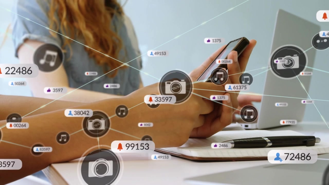 Animation of network of connections and social media icons over caucasian man using smartphone