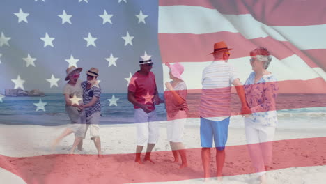 Animation-of-flag-of-usa-over-diverse-senior-friends-on-beach-in-summer