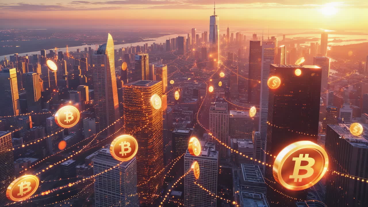 Cryptocurrency Network Interconnecting a Modern Cityscape at Sunset