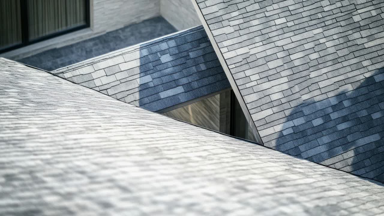 Abstract architectural video concept with a top-down angle showcasing intersecting slate roofs