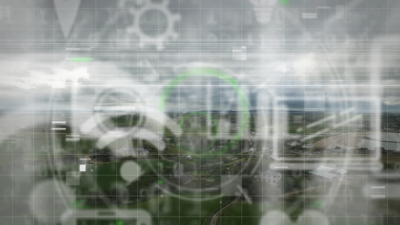 풍경 위에 떠다니는 디지털 온라인 아이콘의 애니메이션