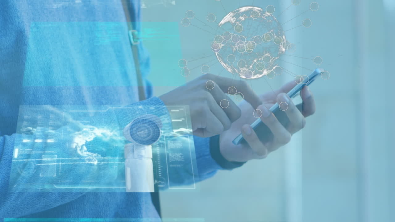 스마트폰을 사용하는 사업가에 대한 지구의 애니메이션과 데이터 처리