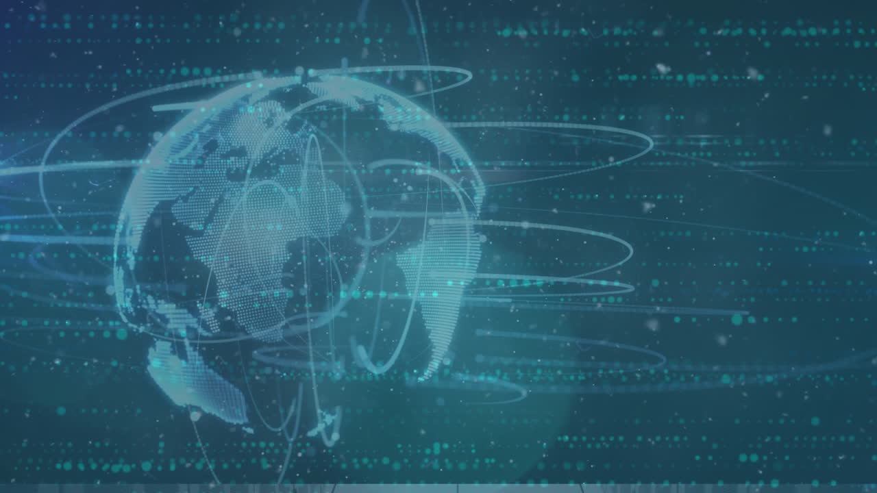 Animation of light trails over spinning globe against spots of light on blue background