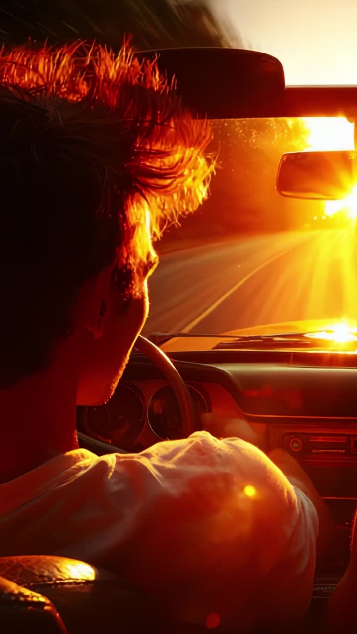Un avventuroso viaggio verso il tramonto: momenti accattivanti di libertà e riflessione in un'auto decappottabile su una strada panoramica immersa nella luce dorata